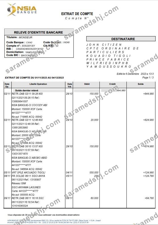 France NSIA Banque statement Word and PDF template, 4 pages